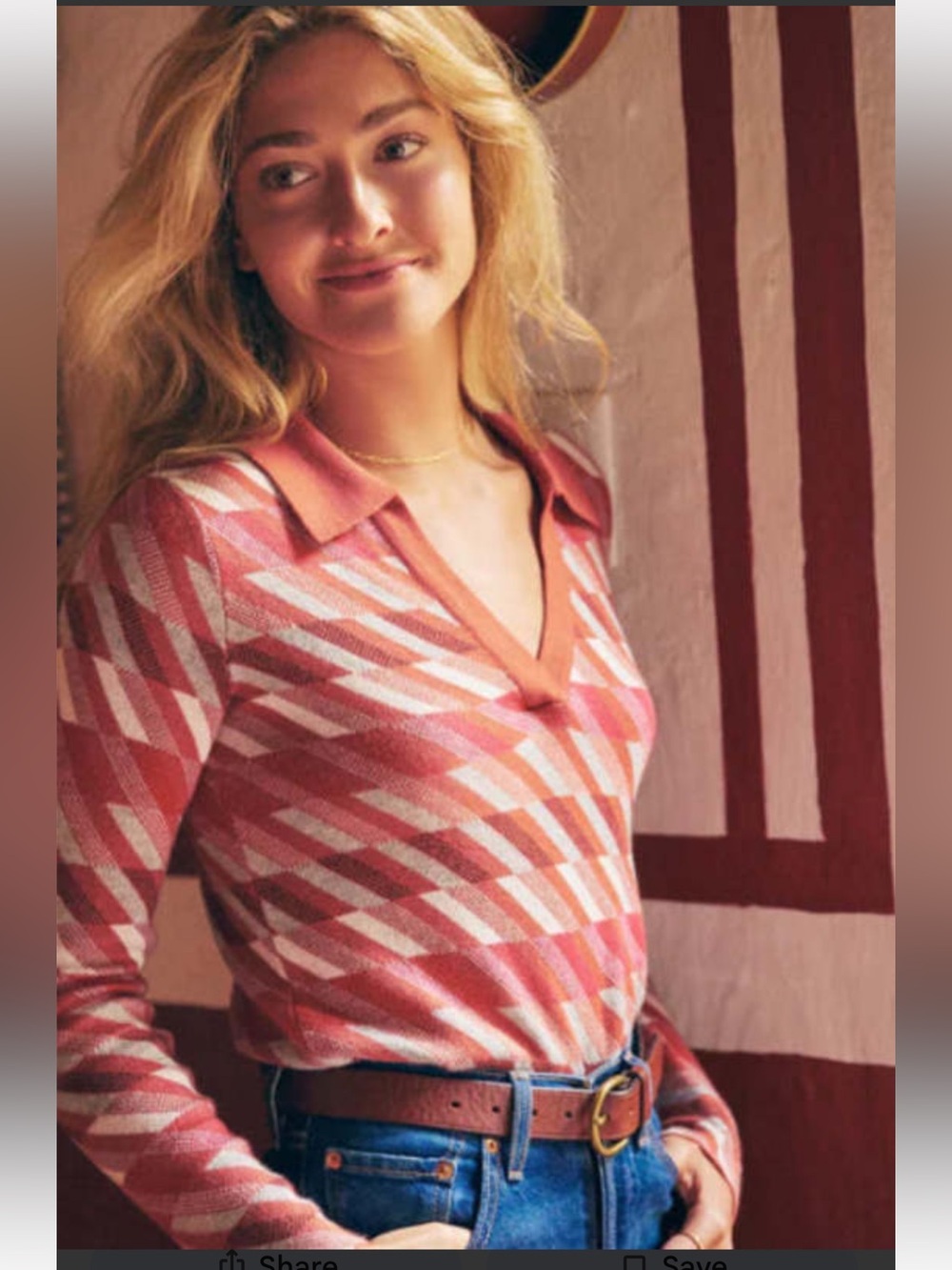 Marine Layer Morgan Sweater Polo-Pink/Orange Geo Pattern